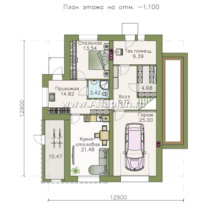 «Светлые времена» - проект трехэтажного дома, с гаражом на 1 авто и гостевой квартирой в цоколе, угловая терраса - превью план дома