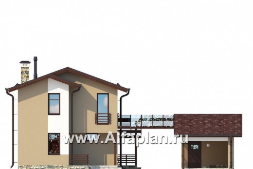 Проект каркасного двухэтажного дома, с террасой, планировка 4 спальни, с навесом на 2 авто - превью фасада дома