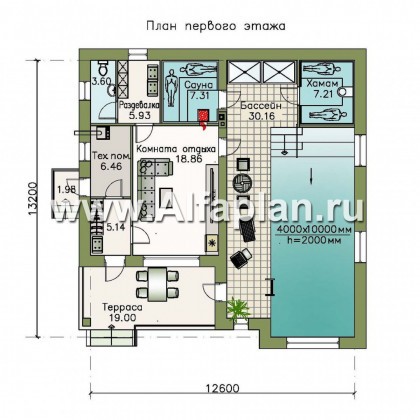 Проект бани с  сауной и хамам, с бассейном длиной 10 м, в стиле Петровское барокко - превью план дома