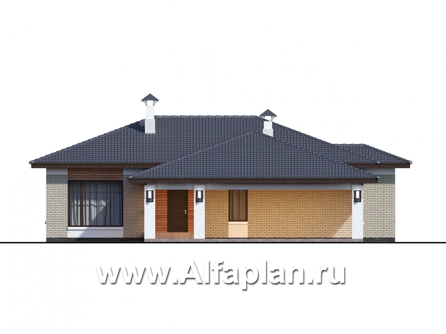 Проекты домов Альфаплан - «Покровка» - стильный одноэтажный коттедж с гаражом-навесом - изображение фасада №1