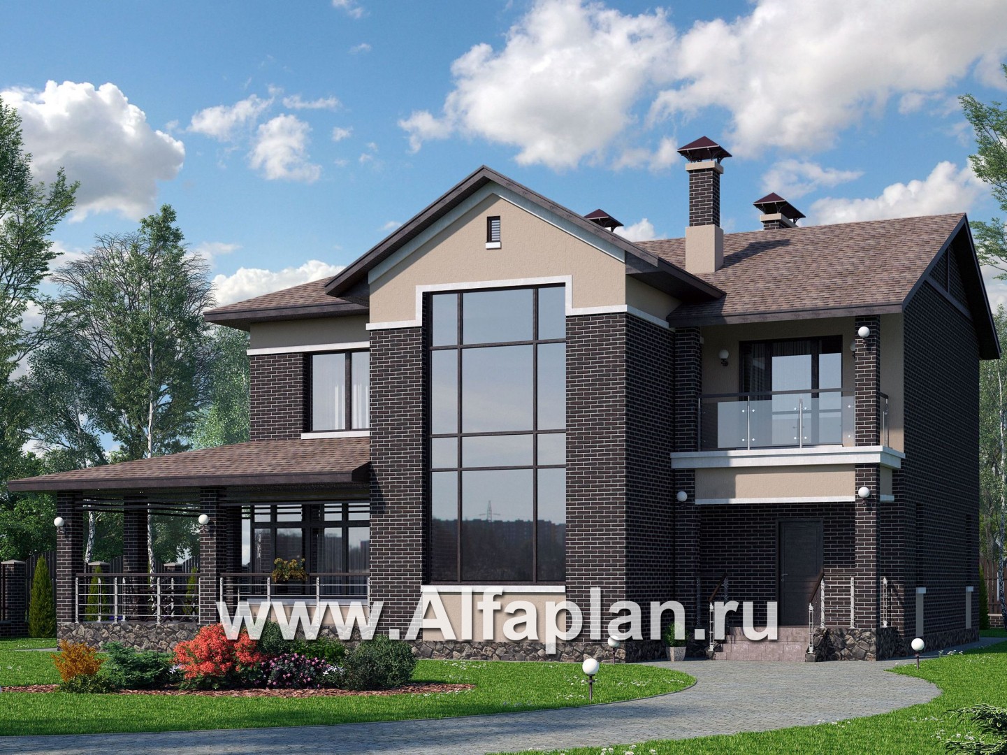 Проекты домов Альфаплан - «Голицын» — особняк с двусветной гостиной и сауной - основное изображение