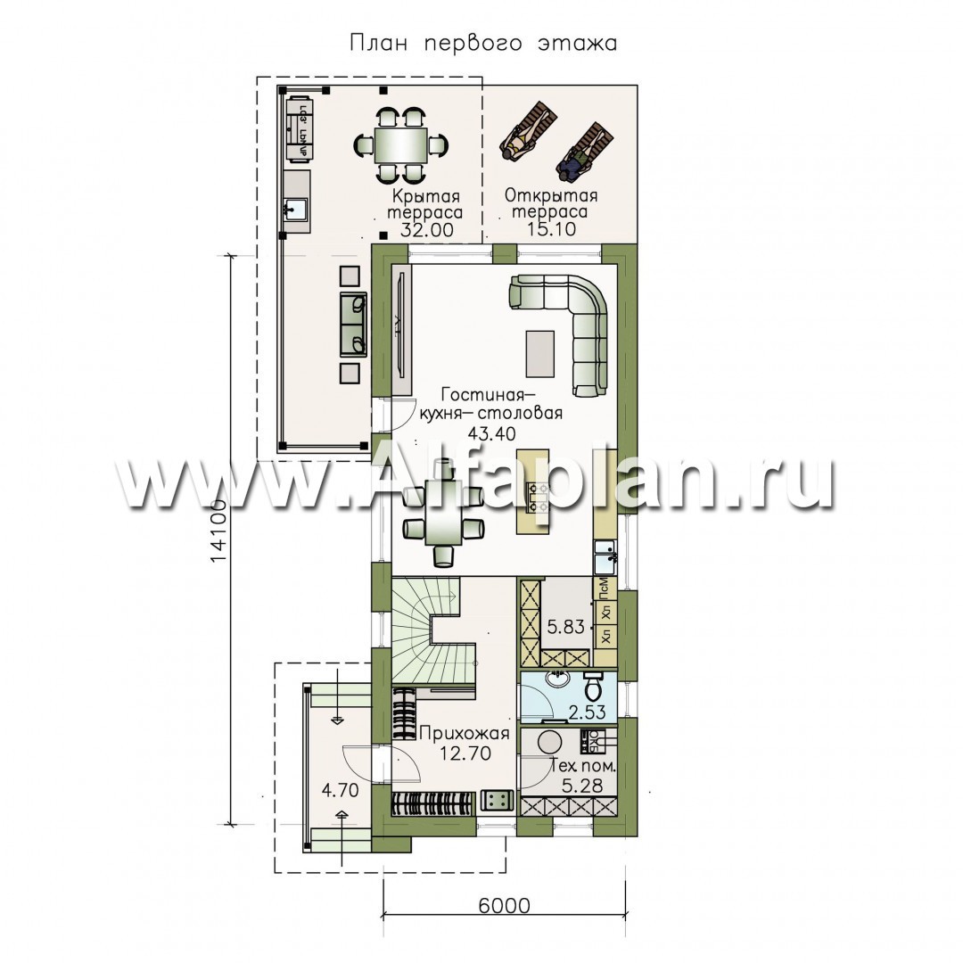 Проекты домов Альфаплан - «Писарро» - проект дома для узкого участка, 3 спальни - изображение плана проекта №1