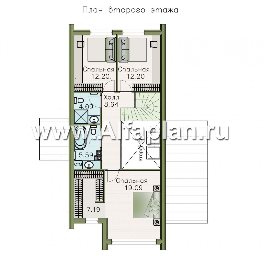 Проекты домов Альфаплан - «Омега» - двухэтажный каркасный дом с пятью спальнями - изображение плана проекта №2