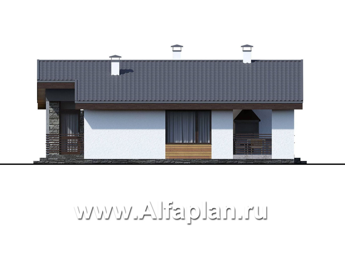 Проекты домов Альфаплан - «Калисто» - одноэтажный коттедж с островным камином в гостиной - изображение фасада №2