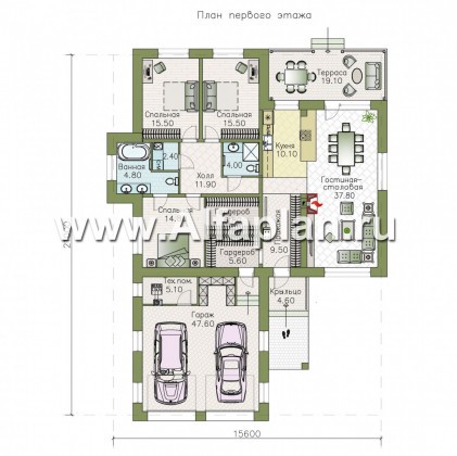Проекты домов Альфаплан - «Покровка» - стильный одноэтажный коттедж с большим гаражом - превью плана проекта №1