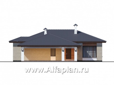 Проекты домов Альфаплан - «Покровка» - стильный одноэтажный коттедж с гаражом-навесом - превью фасада №1