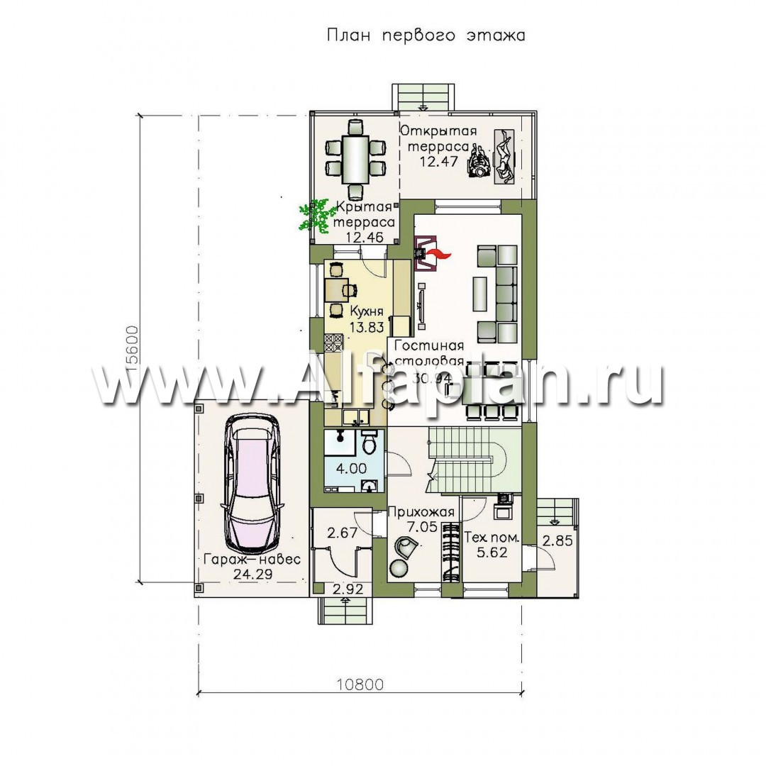 Проекты домов Альфаплан - «Гольфстрим»- компактный дом с навесом для авто - изображение плана проекта №1