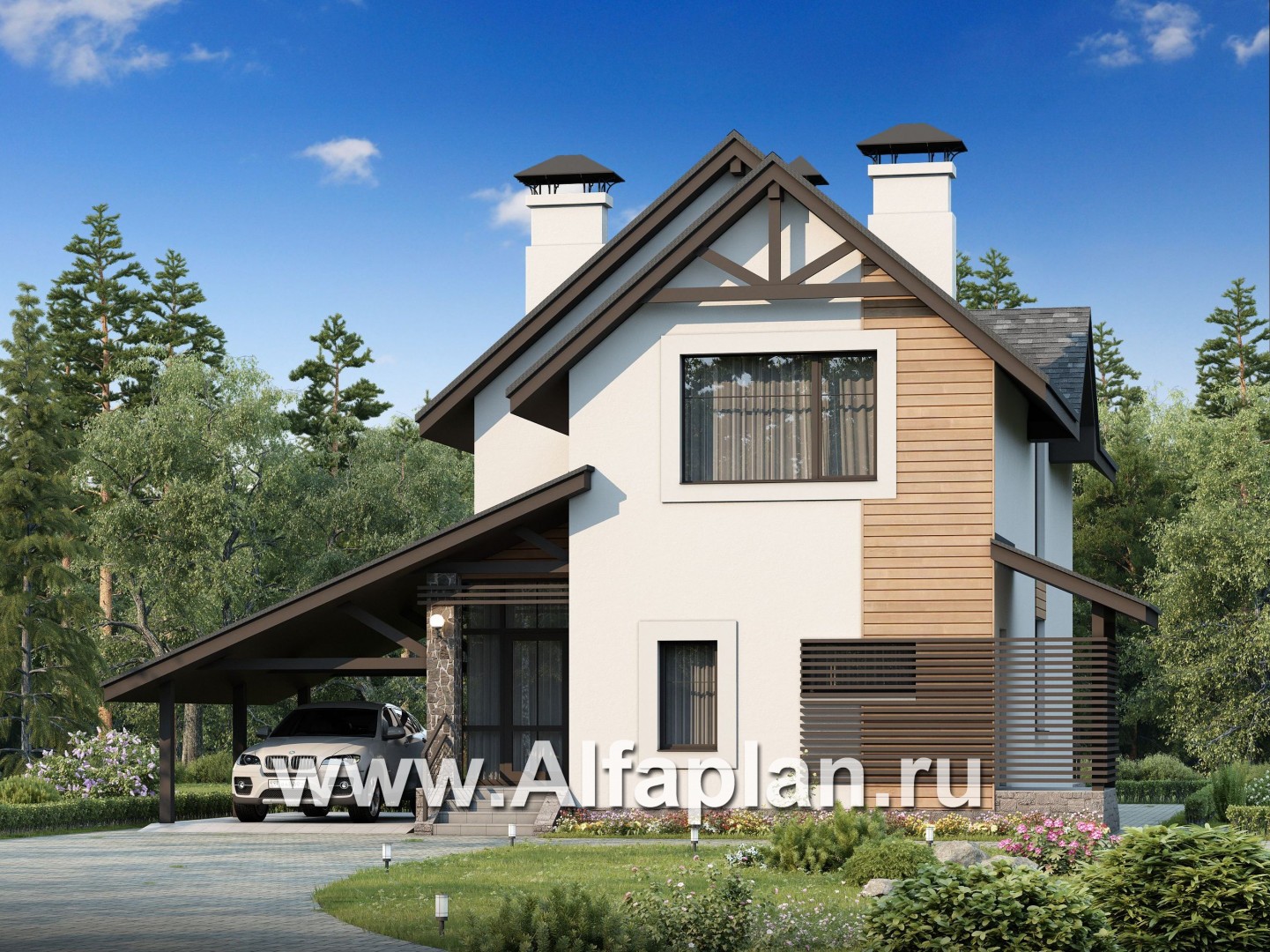 Проекты домов Альфаплан - «Гольфстрим»- компактный дом с навесом для авто - основное изображение
