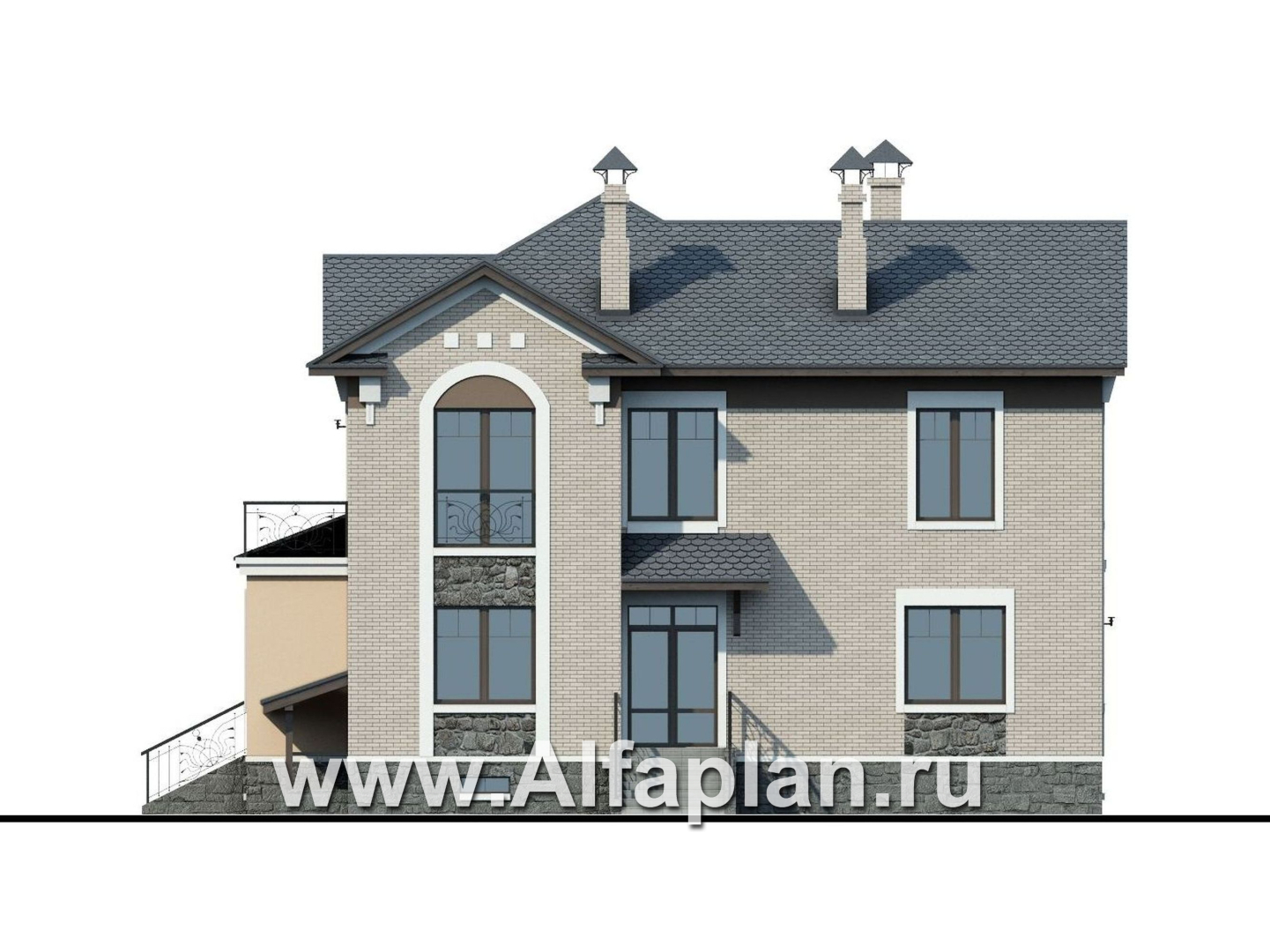 Проекты домов Альфаплан - «Голицын» - коттедж с двусветной гостиной и цоколем - изображение фасада №4