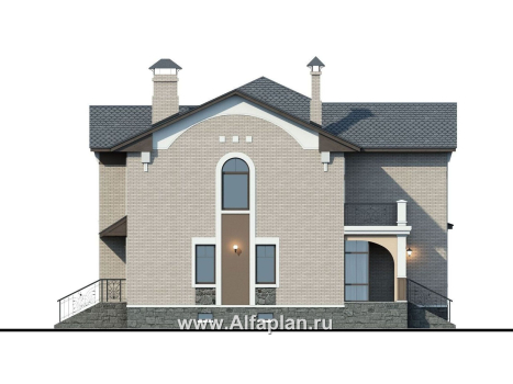 Проекты домов Альфаплан - «Голицын» - коттедж с двусветной гостиной и цоколем - превью фасада №3