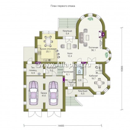 «Паркон» - проект двухэтажного дома, в стиле замка,   с угловой башней, вторым светом и террасой - превью план дома