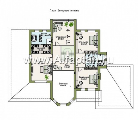 «Пятьсот квадратов» - проект двухэтажного дома, с двусветной гостиной и с террасой, гараж на 2 авто, вилла в стиле замка - превью план дома