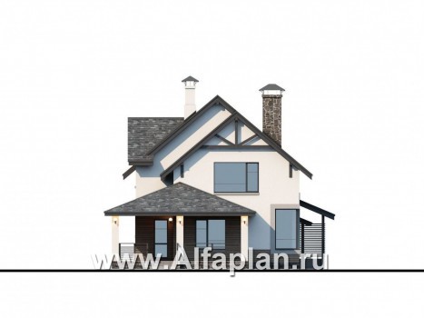 Проекты домов Альфаплан - «Роза ветров» - загородный дом с летней куxней и навесом для машин - превью фасада №4