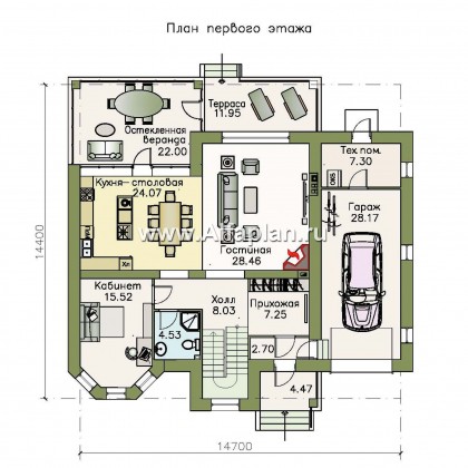 «Амадей» - проект двухэтажного дома, планировка с эркером и с террасой, с гаражом - превью план дома