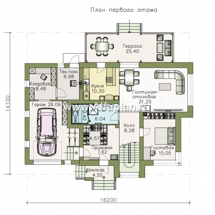 «Сириус» - красивый коттедж, проект дома с мансардой, из кирпича, с террасой и с гаражом, современный стиль - превью план дома