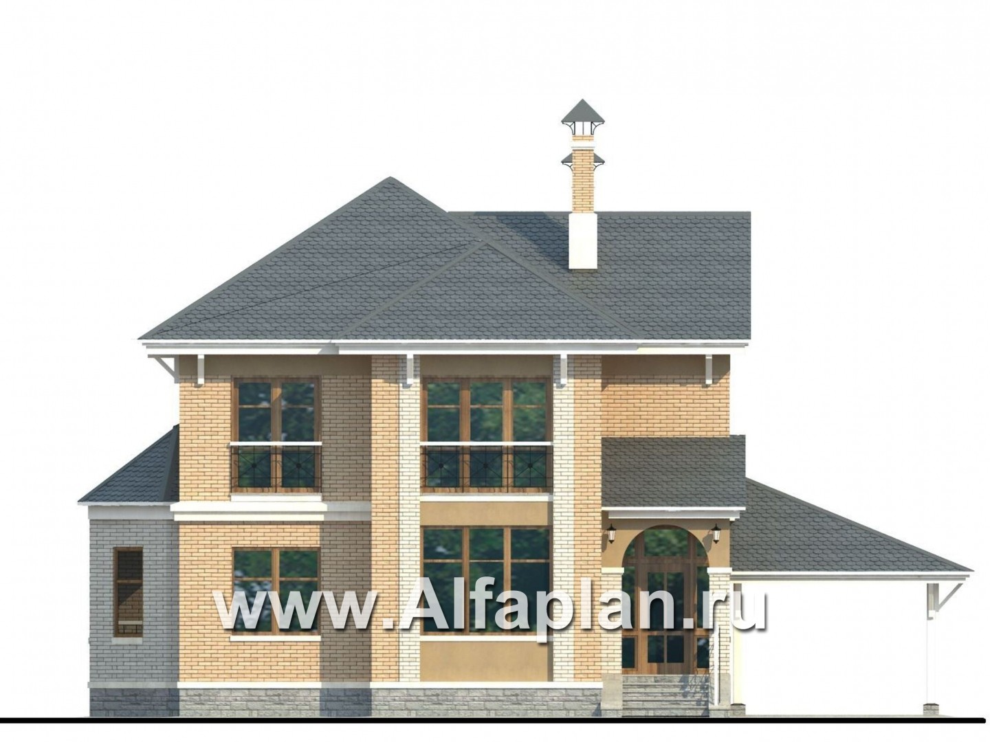 Проекты домов Альфаплан - «Гармония» - двухэтажный коттедж с навесом для машины и террасой - изображение фасада №1