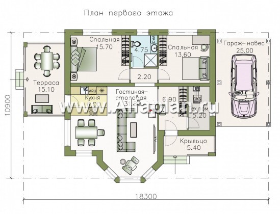 Проекты домов Альфаплан - «Гемера» - стильный одноэтажный дом с эркером и гаражом-навесом - превью плана проекта №1