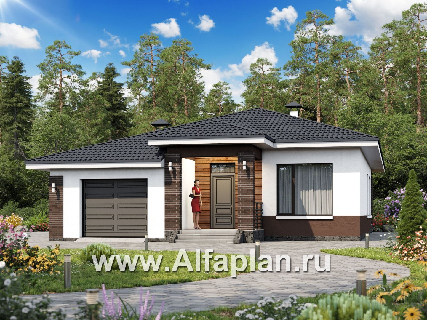 Проекты домов Альфаплан - «Каллиопа» - одноэтажный дом с террасой и гаражом (две спальни) - основное изображение