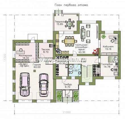 «Ясная поляна» - проект двухэтажного дома для большой семьи с гаражом на два автомобиля - превью план дома