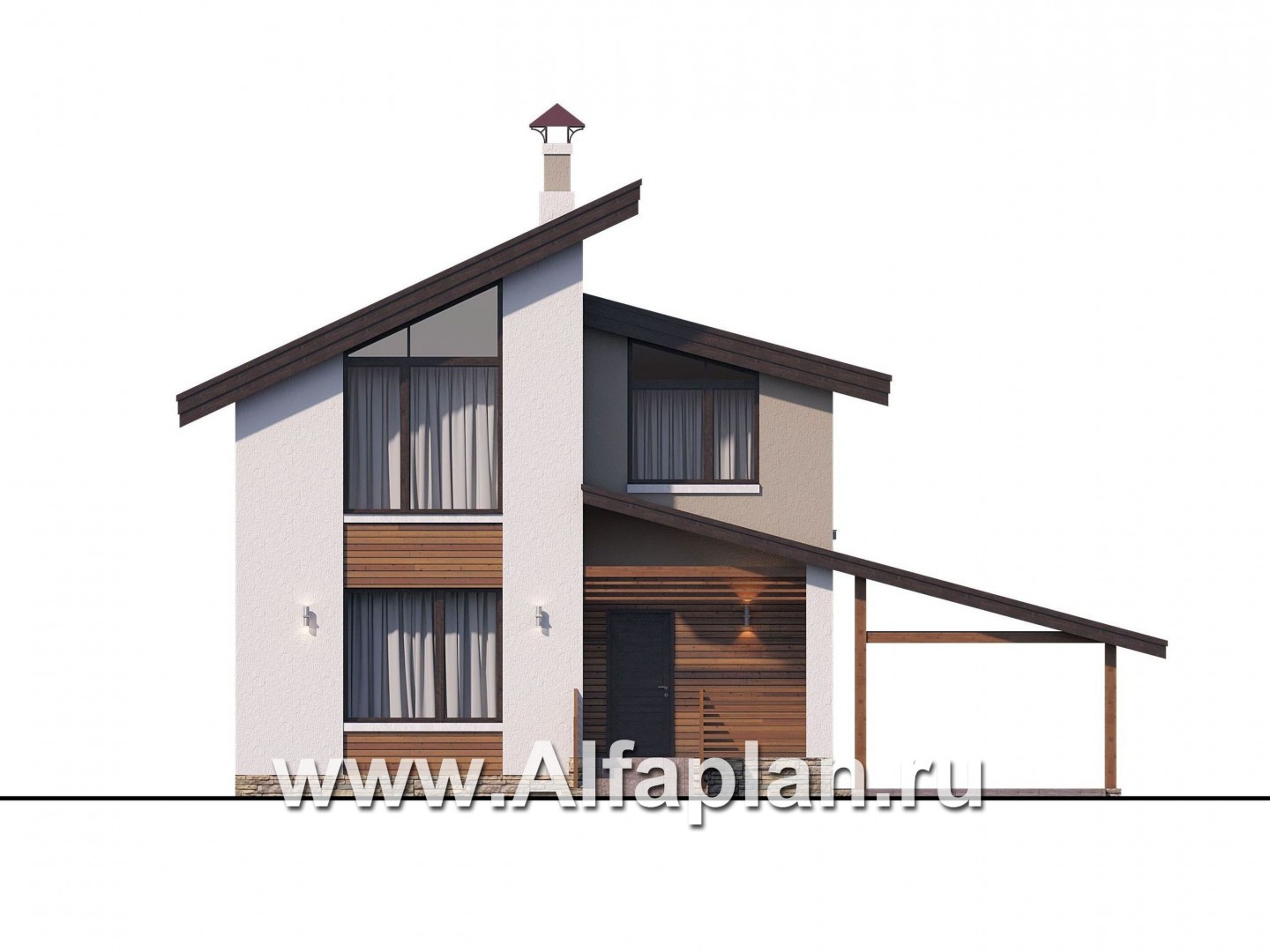 Проекты домов Альфаплан - «Оптима»- стильный небольшой дом с гаражом-навесом - изображение фасада №1