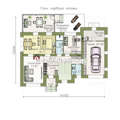 «Лас Флорес» - проект дома с мансардой, с эркером и с кабинетом, с террасой, в стиле замка, с гаражом - превью план дома
