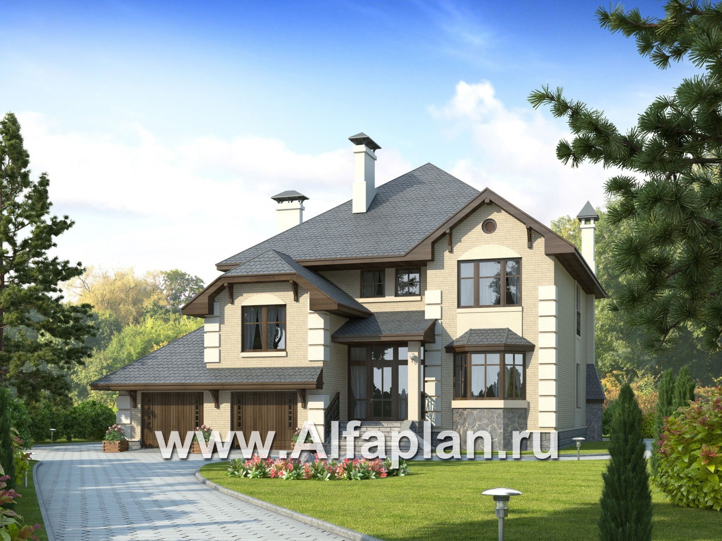 Проекты домов Альфаплан - «Эвридика» - красивый загородный дом с гаражом на две машины - основное изображение