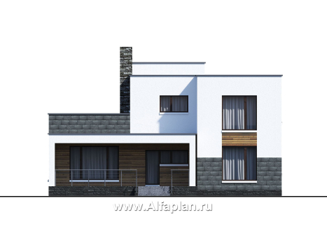«Футура» - современный двухэтажный дом, с террасой и с плоской крышей, в стиле минимализм - превью фасада дома