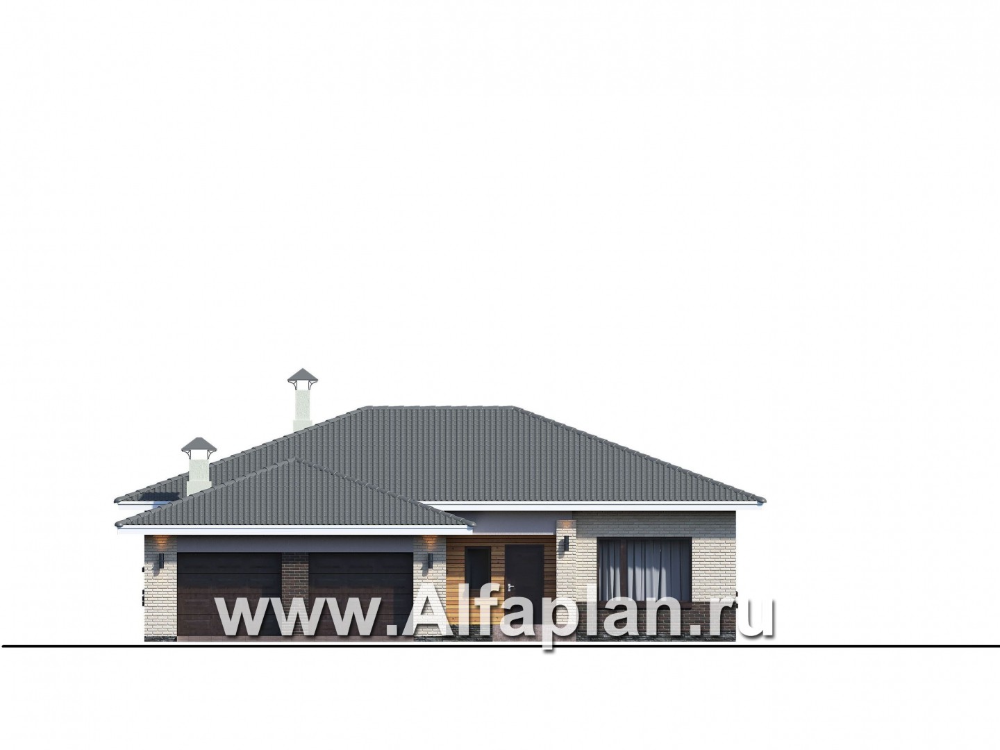 Проекты домов Альфаплан - «Зодиак» - одноэтажный коттедж с большим гаражом - изображение фасада №1
