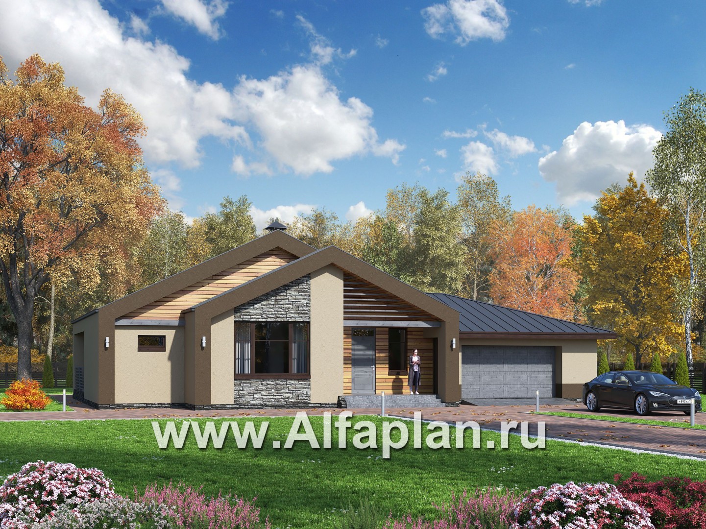 Проекты домов Альфаплан - «Аркада» - современный одноэтажный дом с сауной и большим гаражом - основное изображение