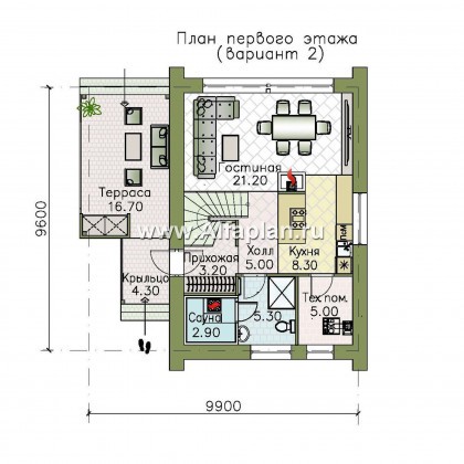 «Барн» - проект дома с мансардой, современный стиль барнхаус, с сауной, с боковой террасой - превью план дома
