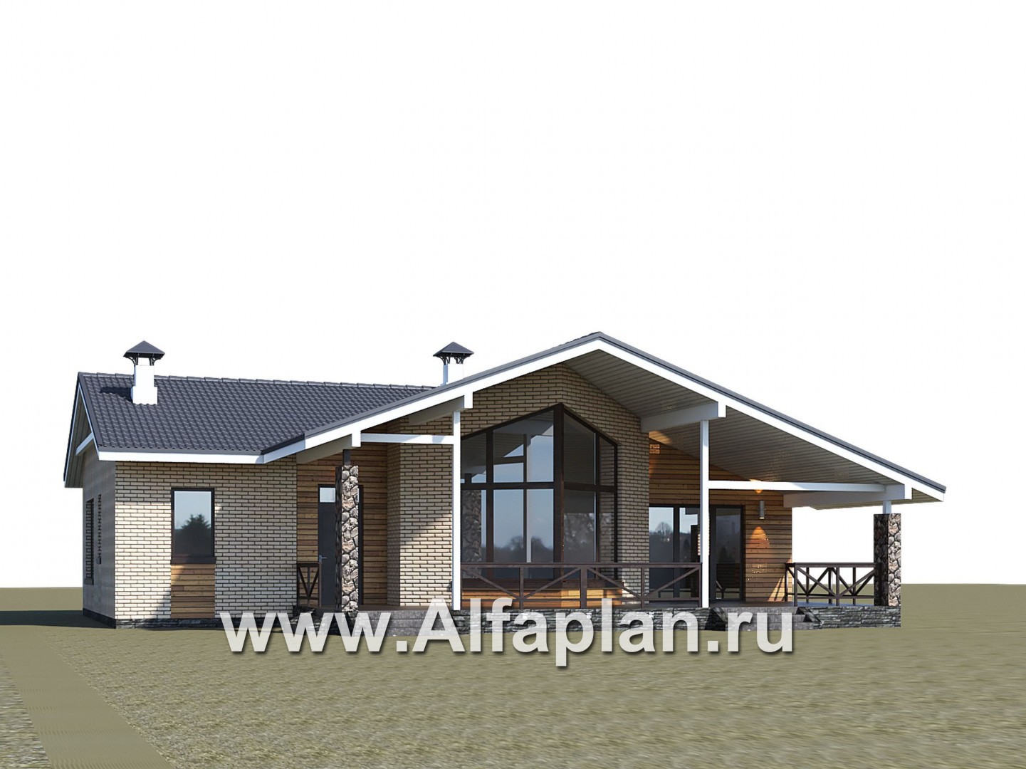 Проекты домов Альфаплан - «Вектор» - одноэтажный дом с большим остеклением гостиной - дополнительное изображение №1