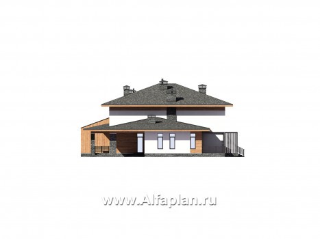 Проект двухэтажного дома, мастер спальня, с сауной, с террасой и с гаражом, в современном стиле - превью фасада дома