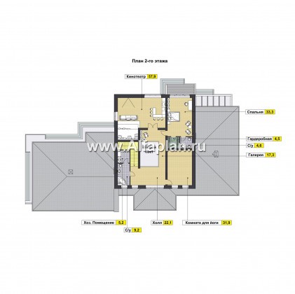 Проект двухэтажного дома, мастер спальня, с сауной, с террасой и с гаражом, в современном стиле - превью план дома