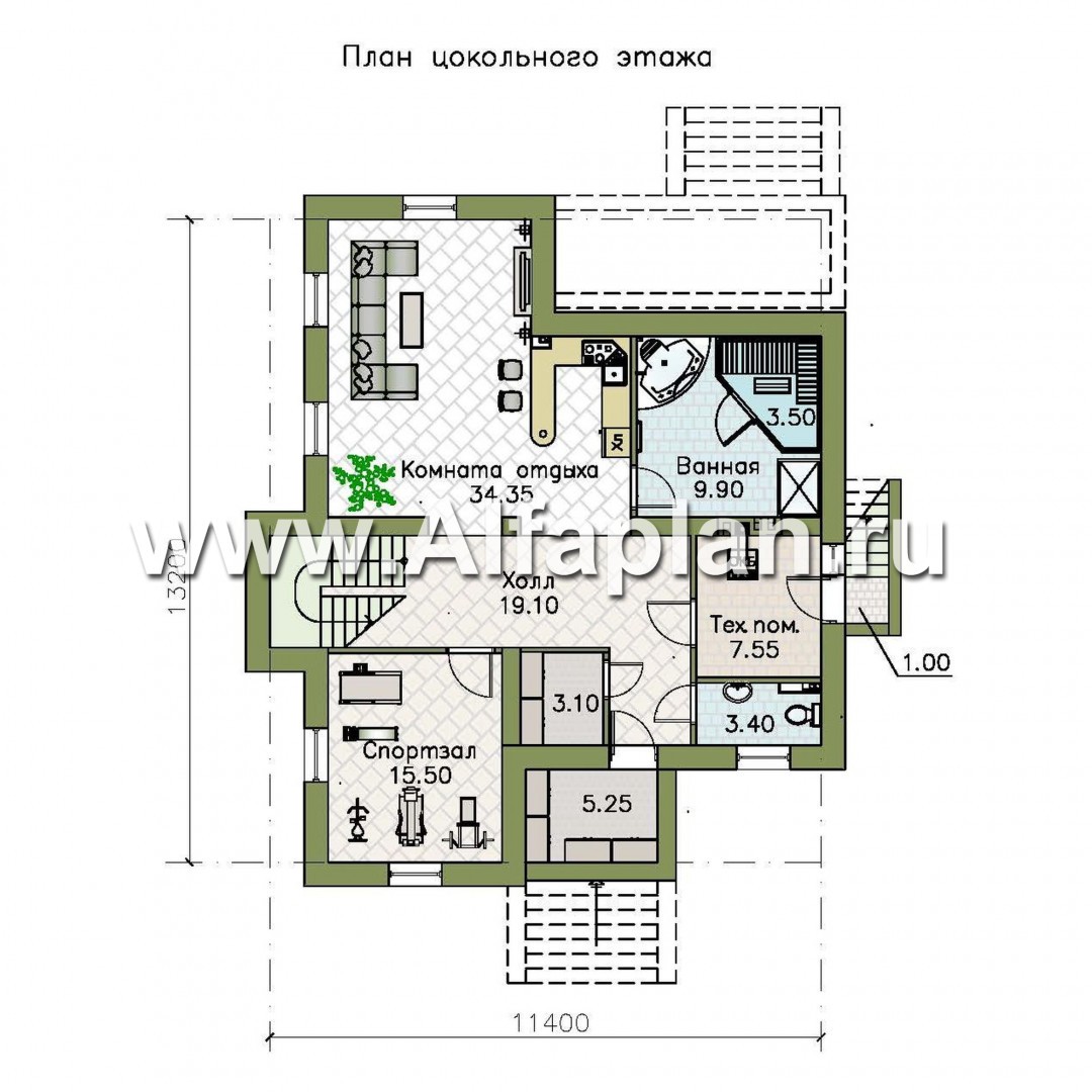 Проекты домов Альфаплан - «Престиж» - проект удобного и просторного дома с плоской кровлей, и с цокольным этажом - план проекта №1
