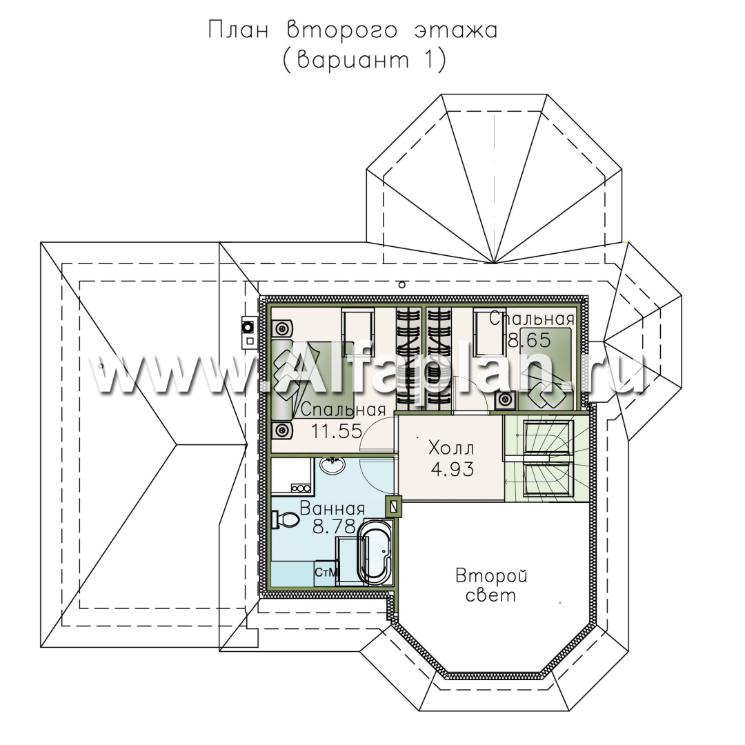Проекты домов Альфаплан - «Душечка» - небольшой дом с мансардой и гаражом - изображение плана проекта №2