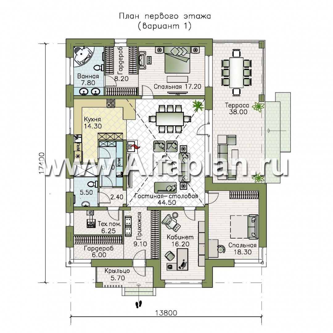 Проекты домов Альфаплан - «Ангара» - стильный одноэтажный коттедж с террасой - план проекта №1