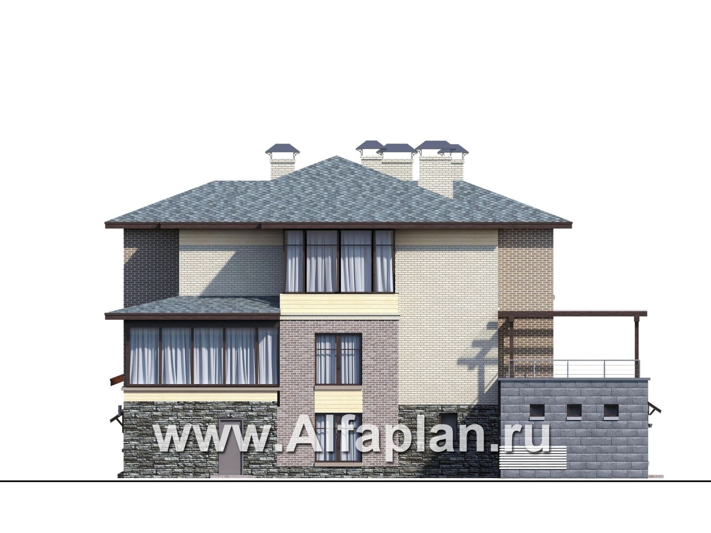 Проекты домов Альфаплан - "Амур" - трехэтажный особняк с гаражом и бассейном - изображение фасада №4