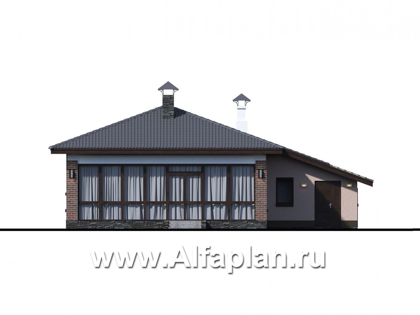 Проекты домов Альфаплан - «Калиопа» -одноэтажный дом с большим гаражом и остекленной верандой - изображение фасада №1