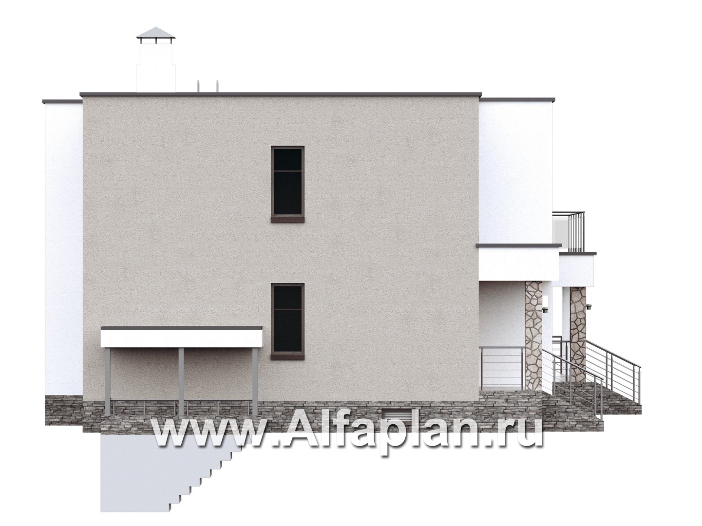 Проекты домов Альфаплан - «Серотонин» - проект современного хай-тек дома с плоской кровлей и цокольным этажом - изображение фасада №3