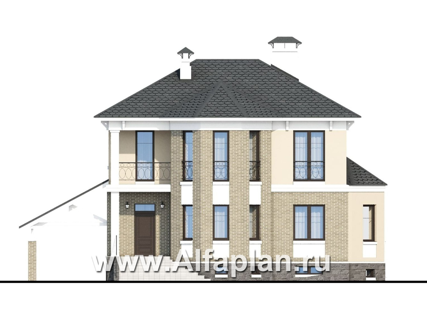 Проекты домов Альфаплан - «Классический плюс» - классический  особняк с цокольным этажом - изображение фасада №1