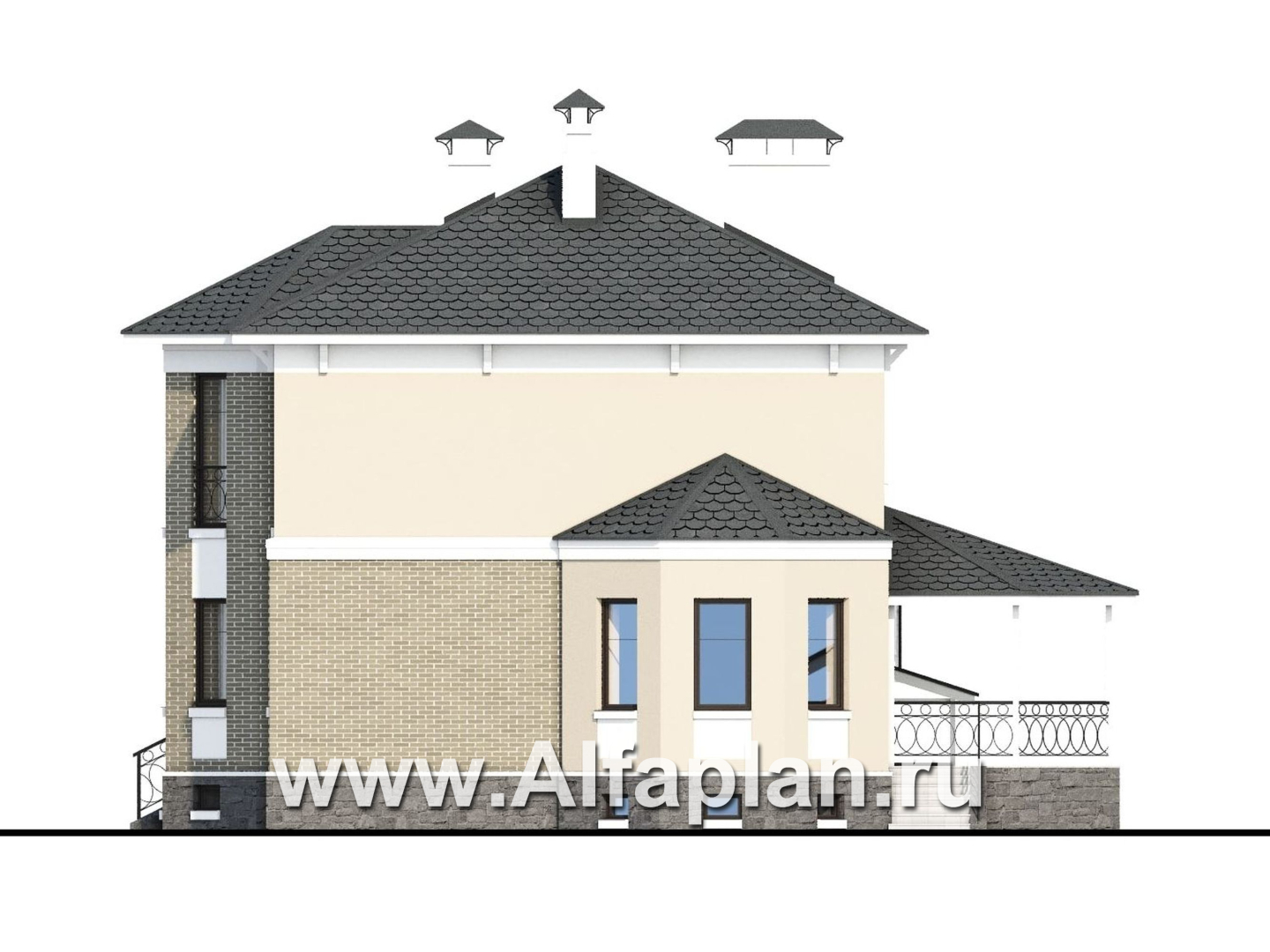 Проекты домов Альфаплан - «Классический плюс» - классический  особняк с цокольным этажом - изображение фасада №2