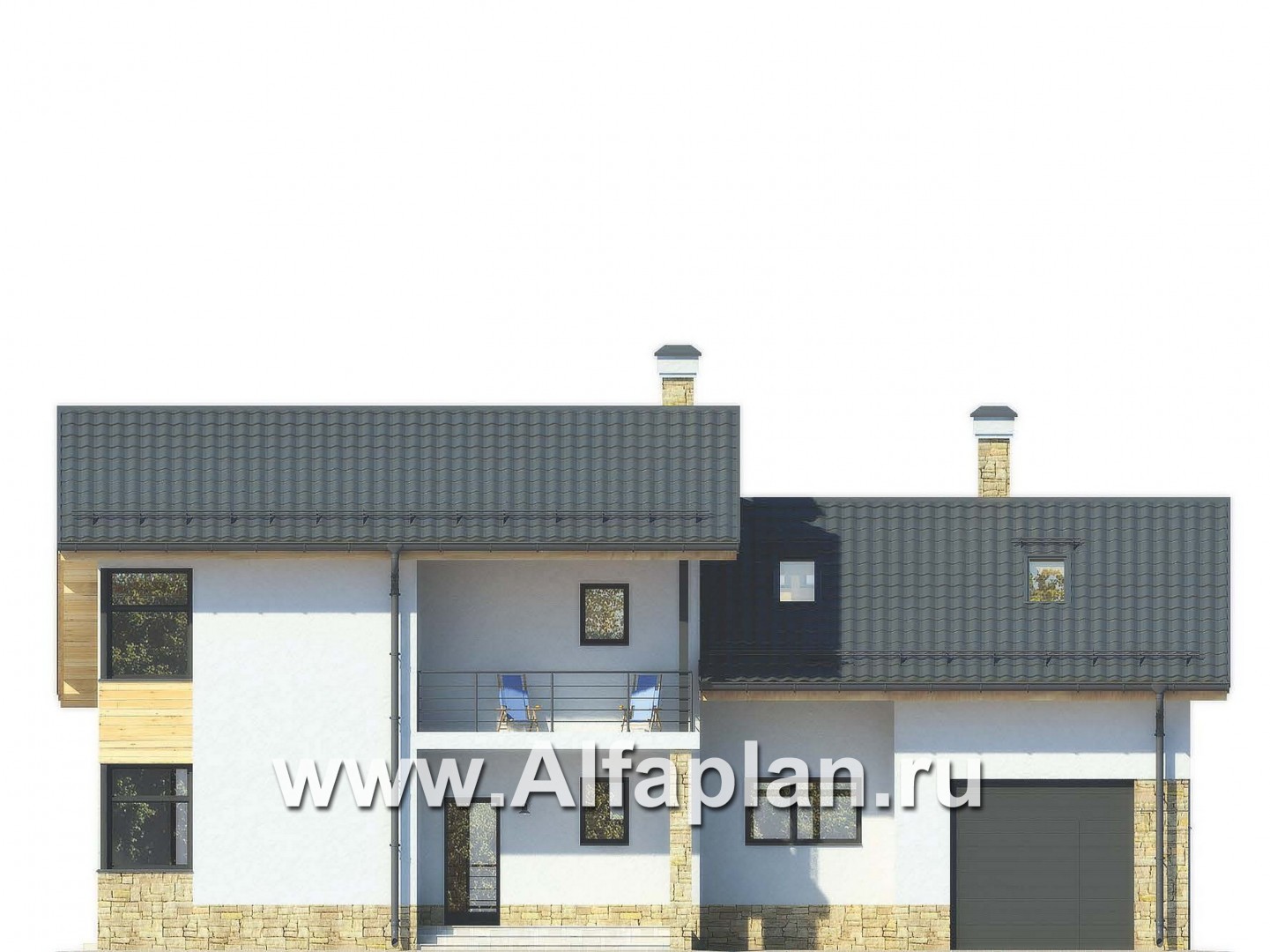 Проекты домов Альфаплан - Современный дом с гаражом и жилой мансардой - изображение фасада №1