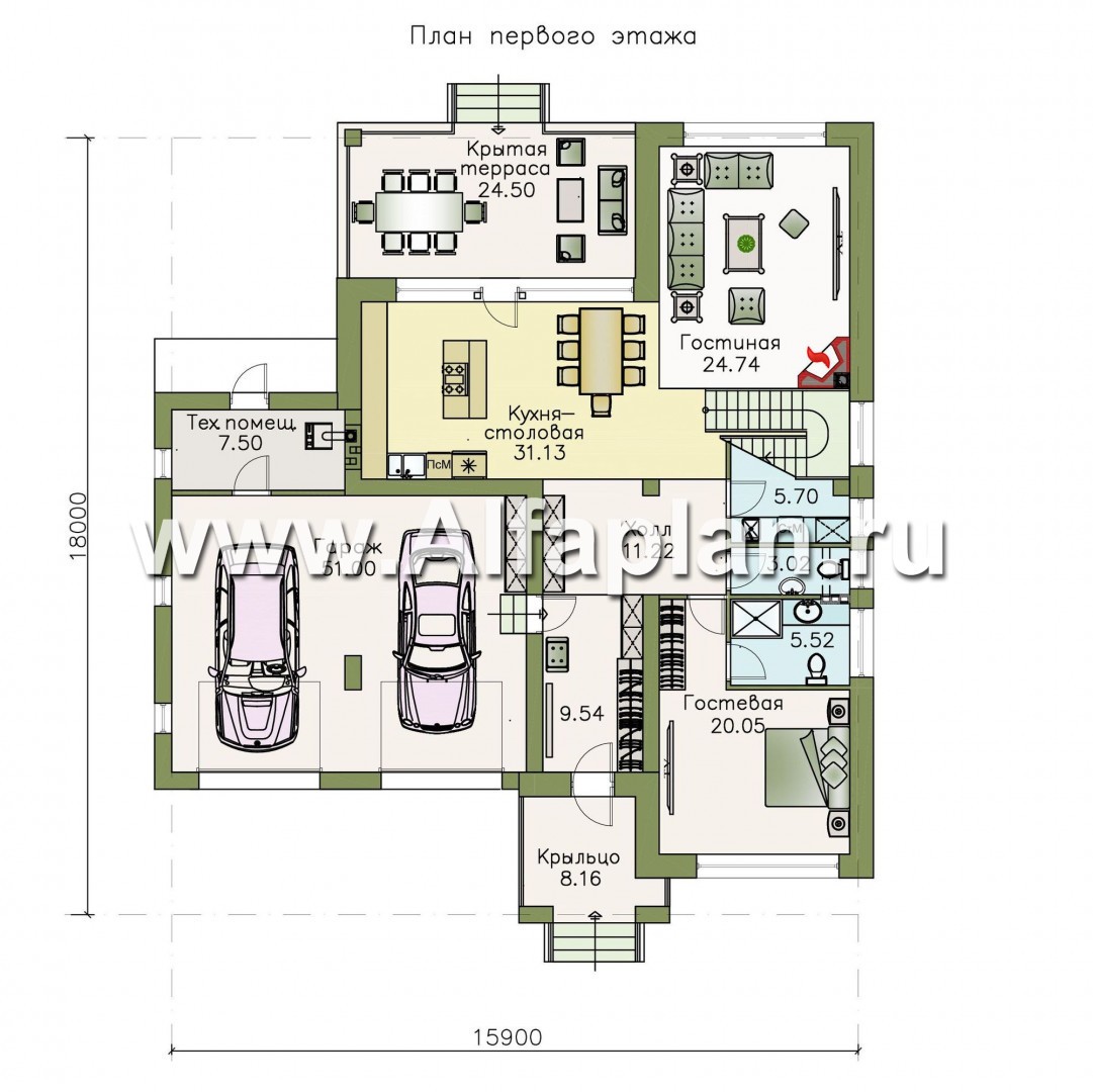 Проекты домов Альфаплан - «Родос» - проект современного двухэтажного дома с гаражом на две машины - изображение плана проекта №1