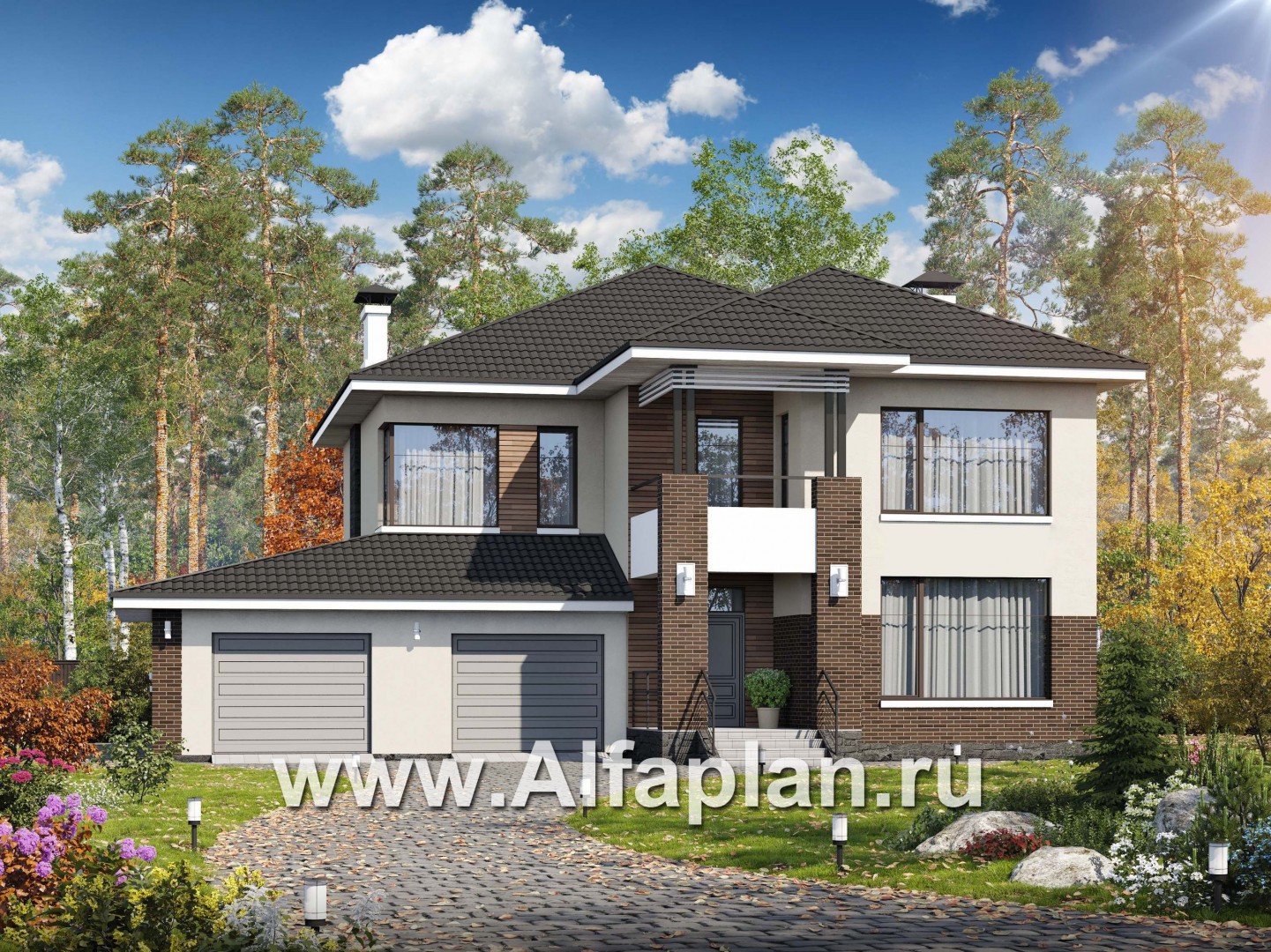 Проекты домов Альфаплан - «Родос» - проект современного двухэтажного дома с гаражом на две машины - основное изображение