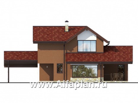 Проекты домов Альфаплан - Каркасный дом с большой террасой и навесом для машины - превью фасада №1