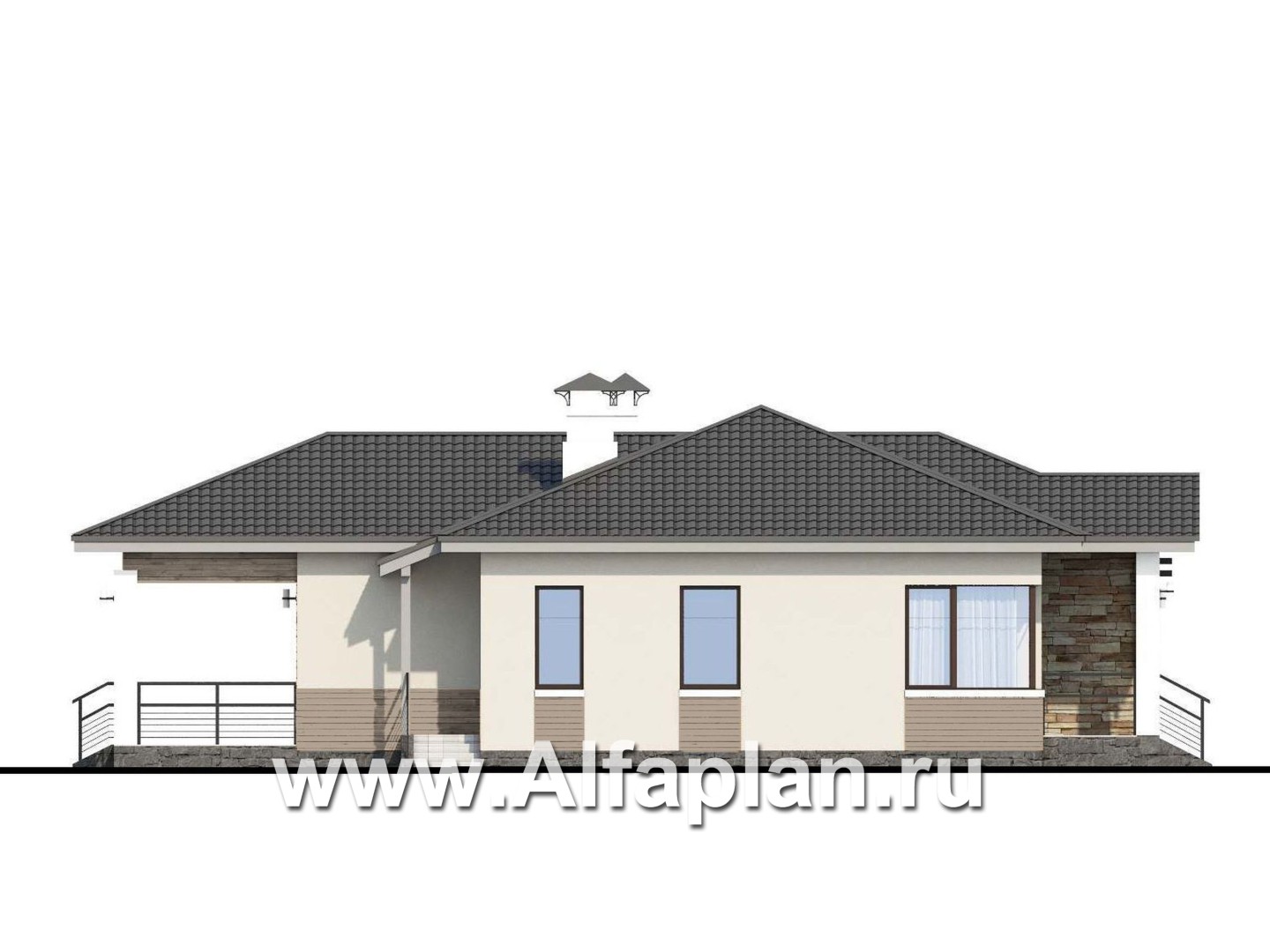 Проекты домов Альфаплан - «Витамин» - одноэтажный дом с террасой и навесом для машины - изображение фасада №3