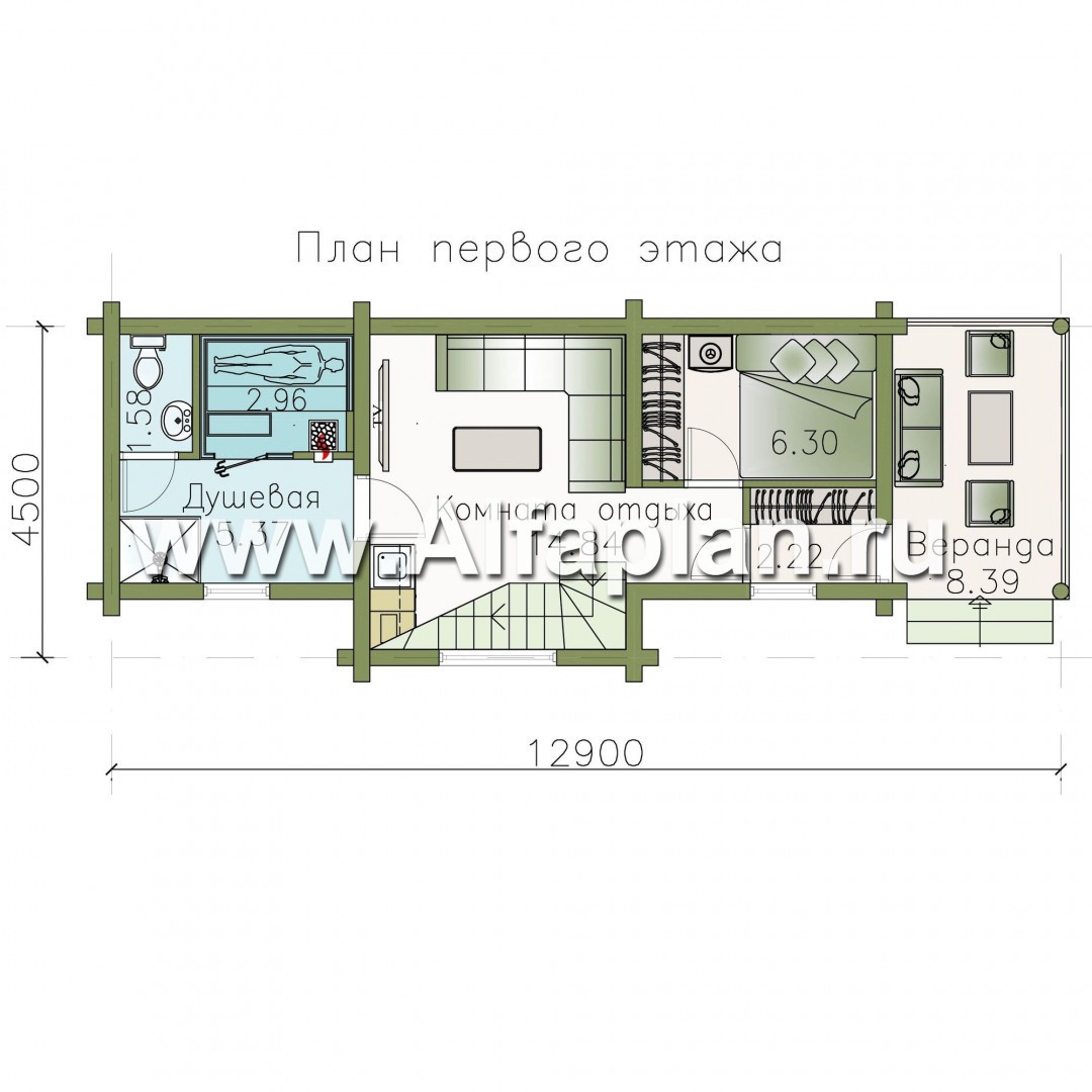 Проект бани, из дерева, из бревен, с мансардой, планировка с двумя спальнями - план дома