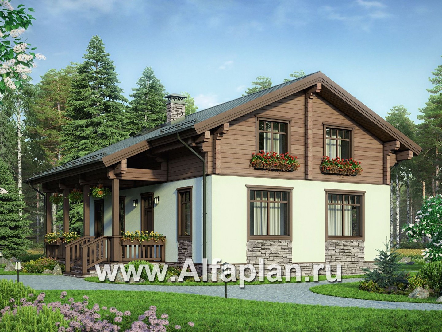 Проекты домов Альфаплан - Мансардный дом из комбинированных материалов - основное изображение