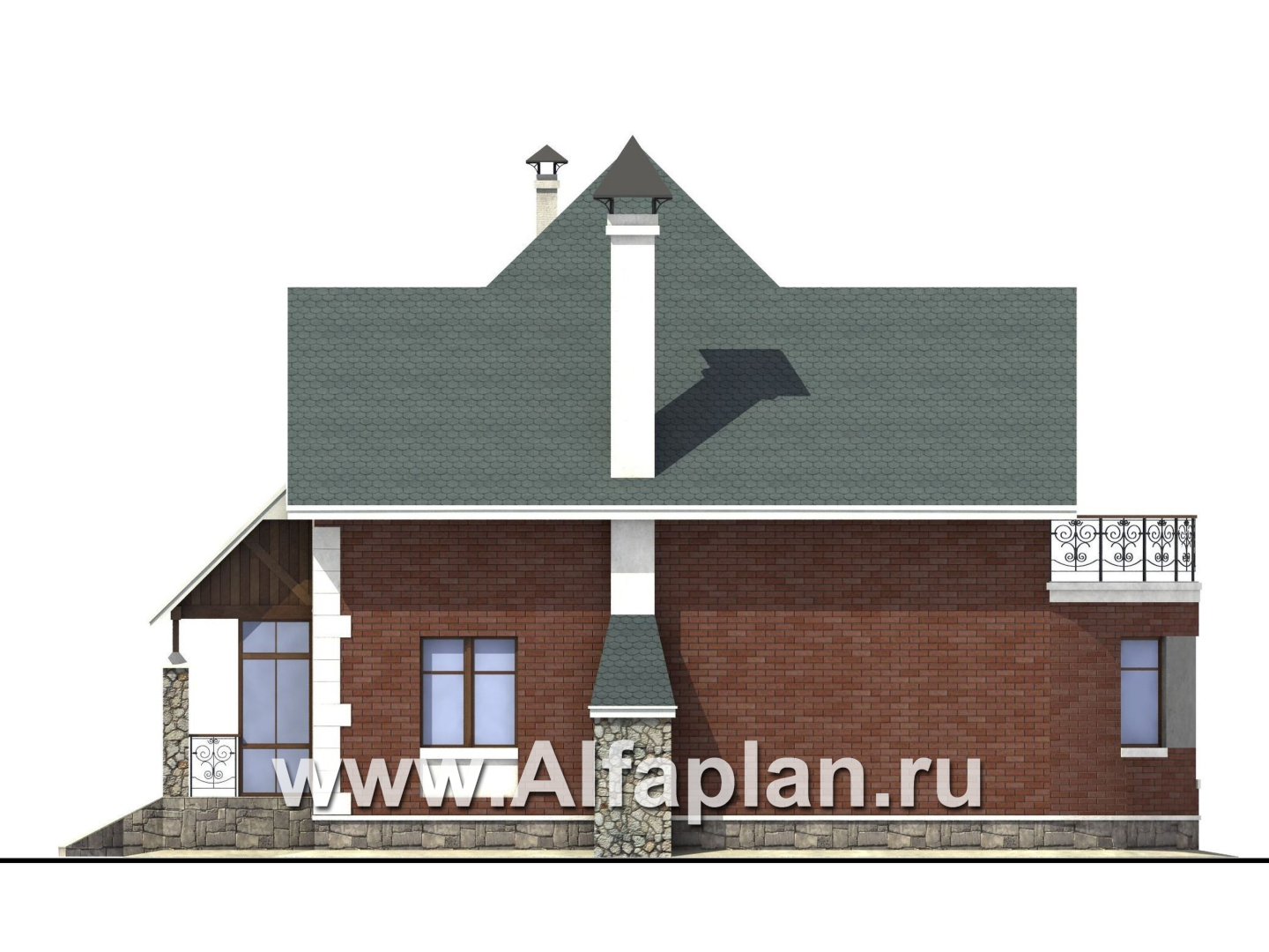 «Алегро» - проект загородного дома с мансардой, планировка дома с эркером и с террасой - фасад дома