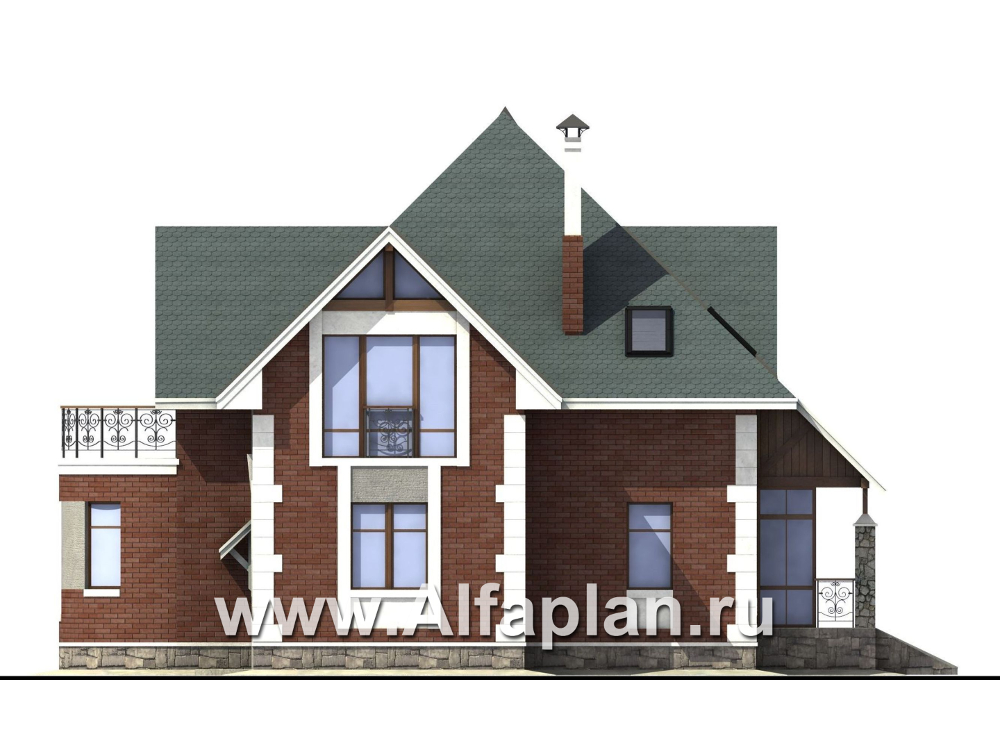 «Алегро» - проект загородного дома с мансардой, планировка дома с эркером и с террасой - фасад дома